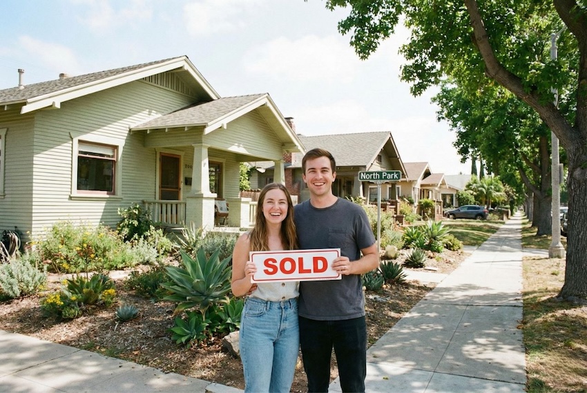 happy young couple standing in front of a north park bungalow home
