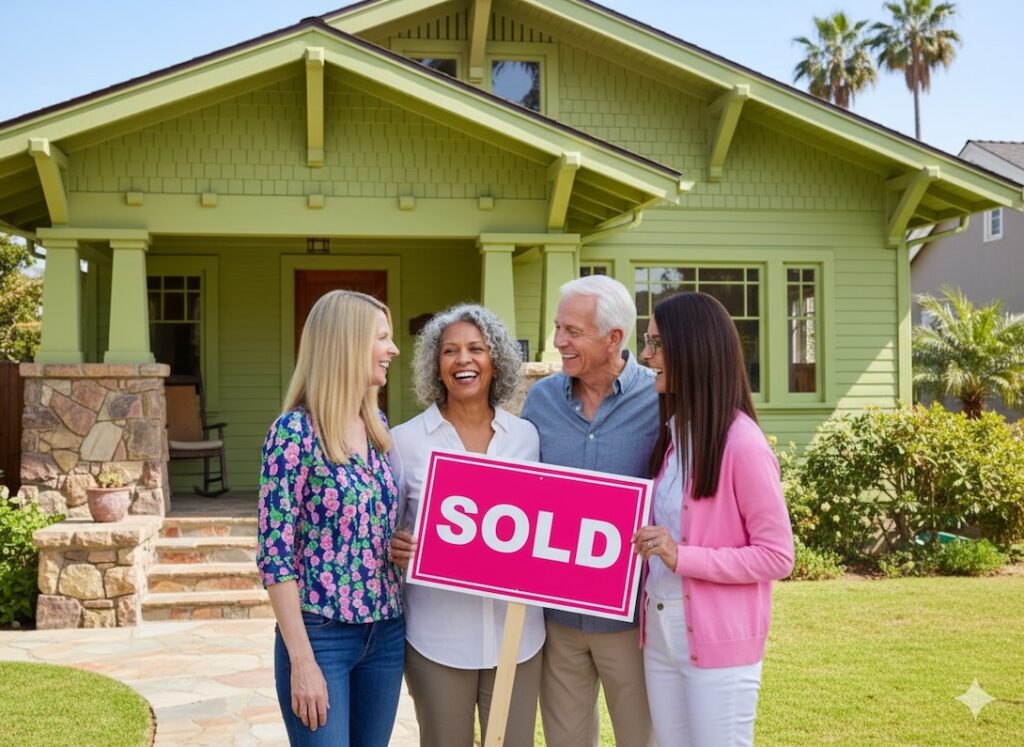 two realtors standing in front of house with clients as they hold sold sign