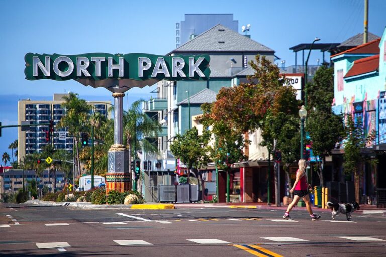 Sign of North Park showcasing the businesses and woman and dog walking accross the street