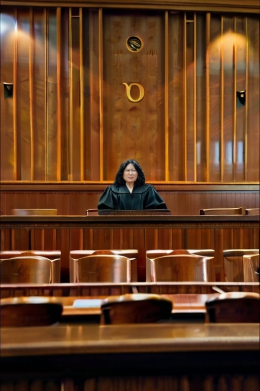 judge sits in front of courtroom