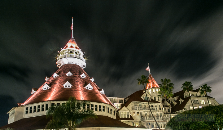Night shot of hotel del in Coronado