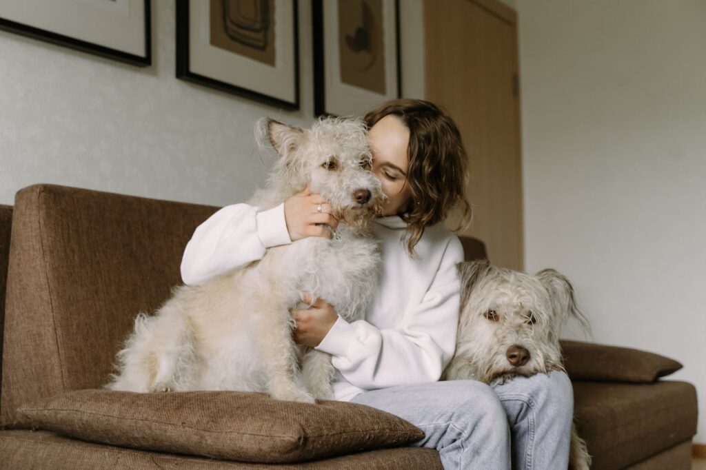 Woman Sitting on her Couch with her Dogs