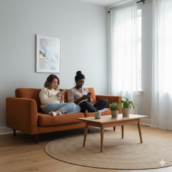 Two Women sitting on the sofa looking at their Phones Reading Something