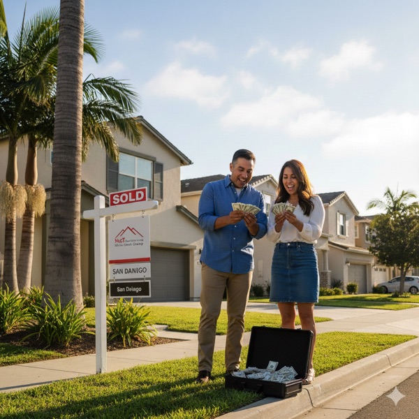 man and woman in front of their Sold Home in San Diego Counting Money in san diego