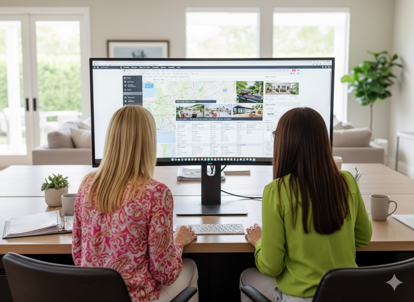 Two Realtors in Front of a Computer Going Over Listing Photos