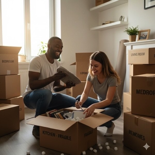 a man and woman packing stuff in boxes