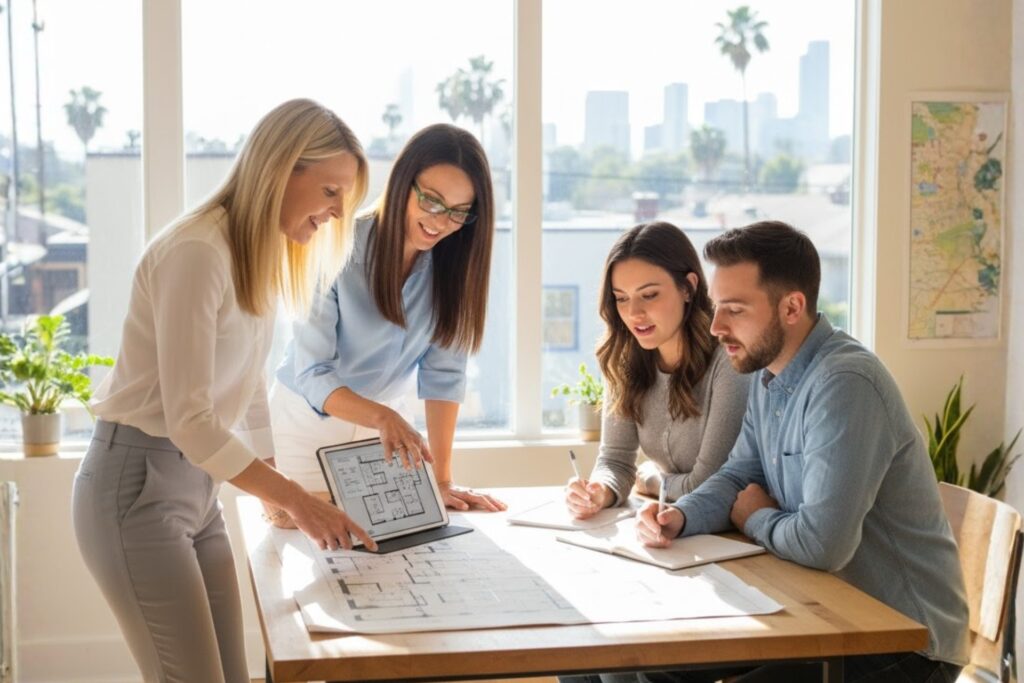 Realtors in an Office Explaining to their Clients a Floor Plan While They Are Taking Down Notes
