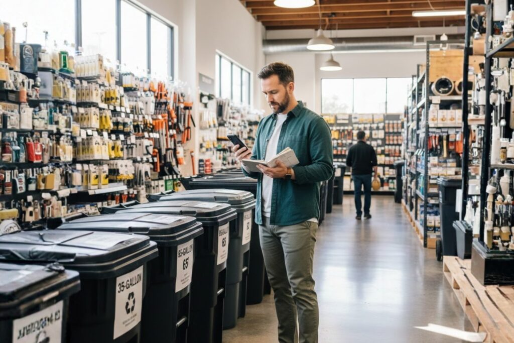 A Homeowner Choosing the Right Bin Size in a Store