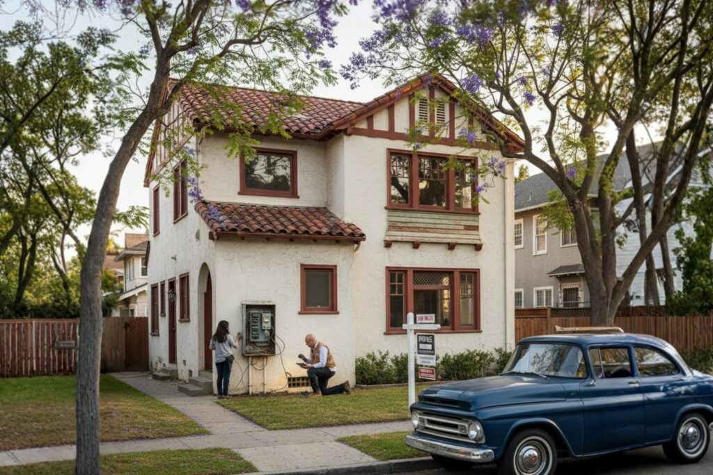 Home inspector examining Spanish-style home exterior in North Park San Diego for stucco cracks and moisture issues