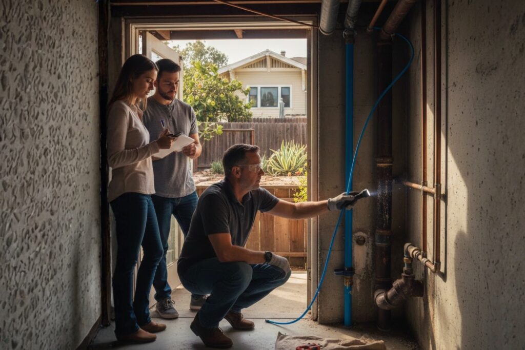 Home inspector showing plumbing pipes to North Park buyers - clay drain lines and mixed copper galvanized supply
