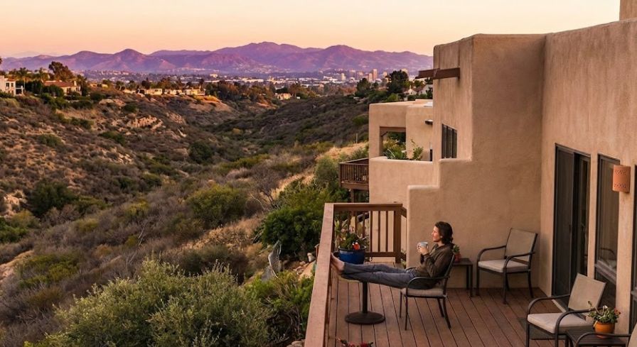 a woman Enjoying the Canyon Views from deck at sunset.