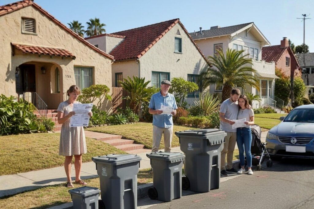 Homeowners in their Front Yards Looking at Property Tax Documents Near their Trash Bins