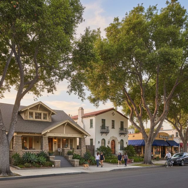 people walking on a street in north park by a craftsman and spanish style home