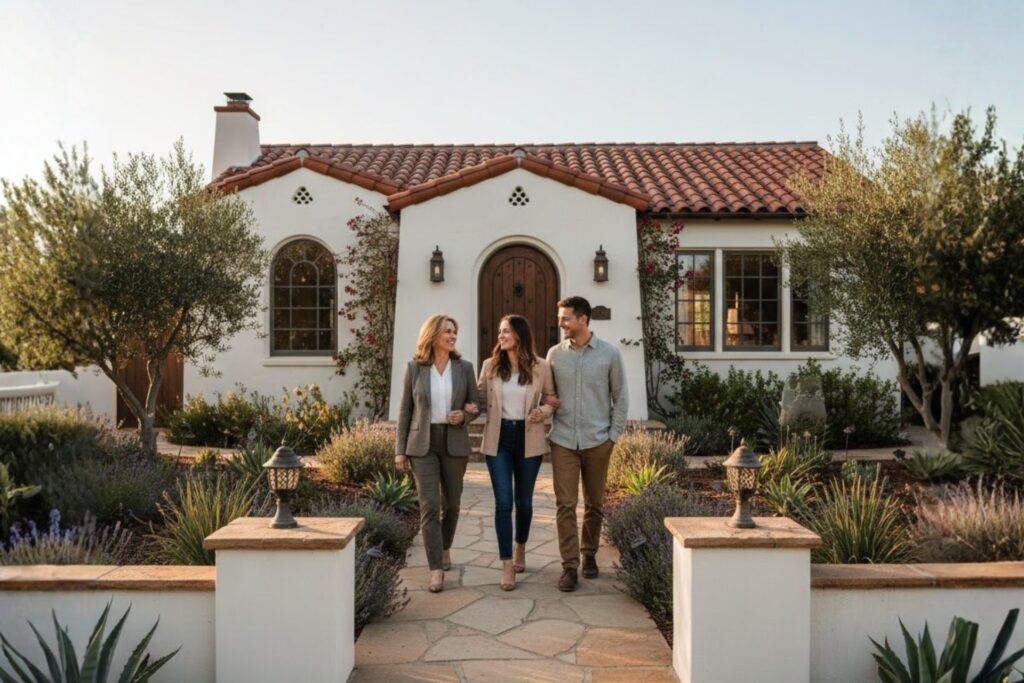 Realtor walking with adult siblings toward a North Park San Diego home at sunset