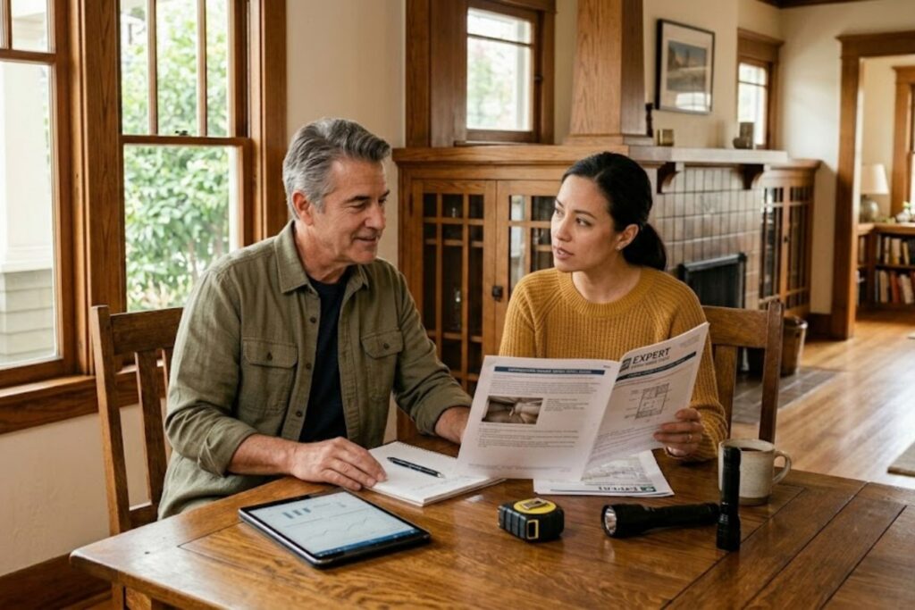 A man and a woman in a Craftsman-style home reviewing documents at a dining table