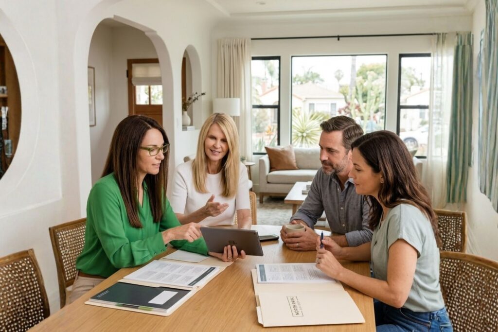 A professional real estate consultation scene featuring North Park realtors Mary and Z, meeting with a couple to discuss off-market home sales and selling strategies in San Diego.