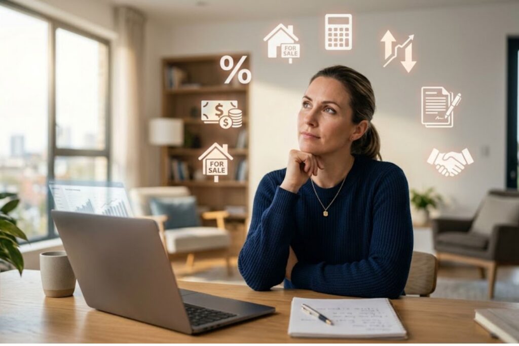 A thoughtful woman sits at a desk, surrounded by glowing real estate icons and a laptop.