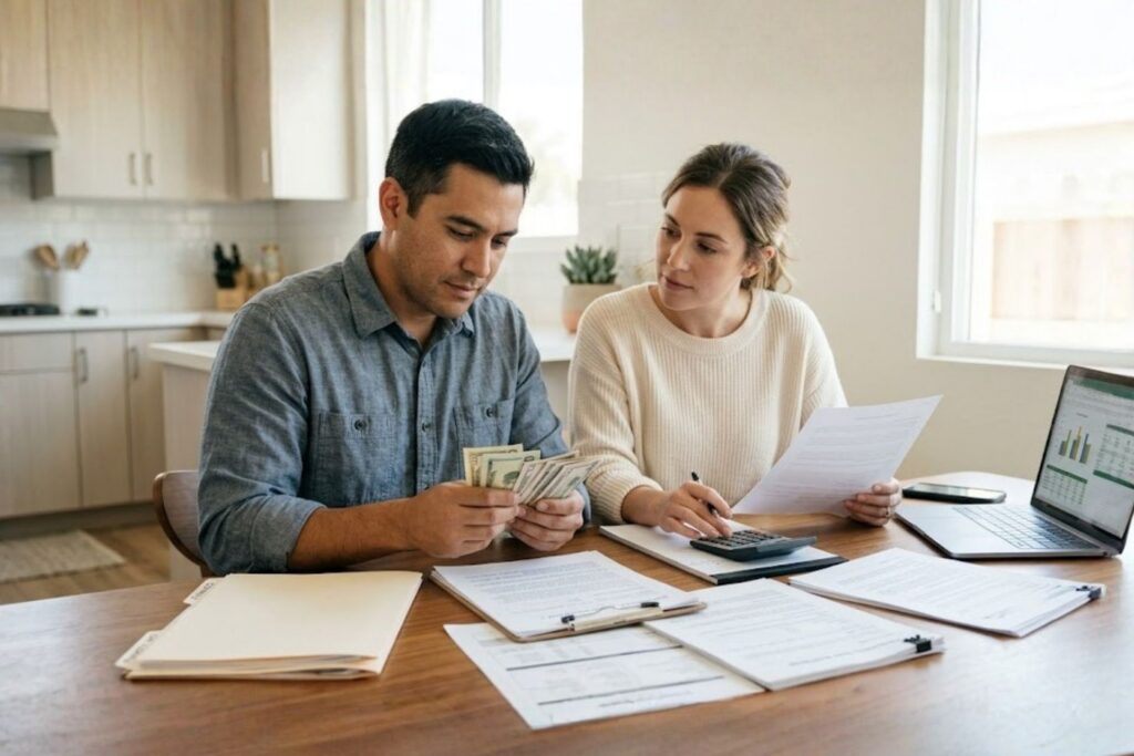 Couple Reviewing Real Estate Documents and Counting Cash