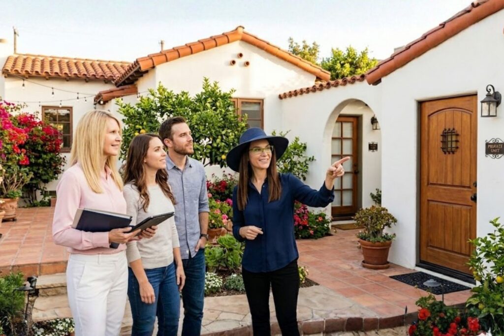 Realtors Showing a multi-unit, modern white home with a large wood deck and outdoor dining area at dusk