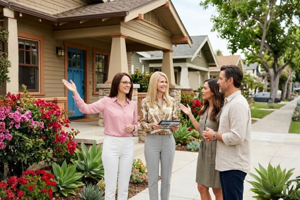 Realtors Z and Mary Showing a Craftsman Style house to a client couple on a suburban street