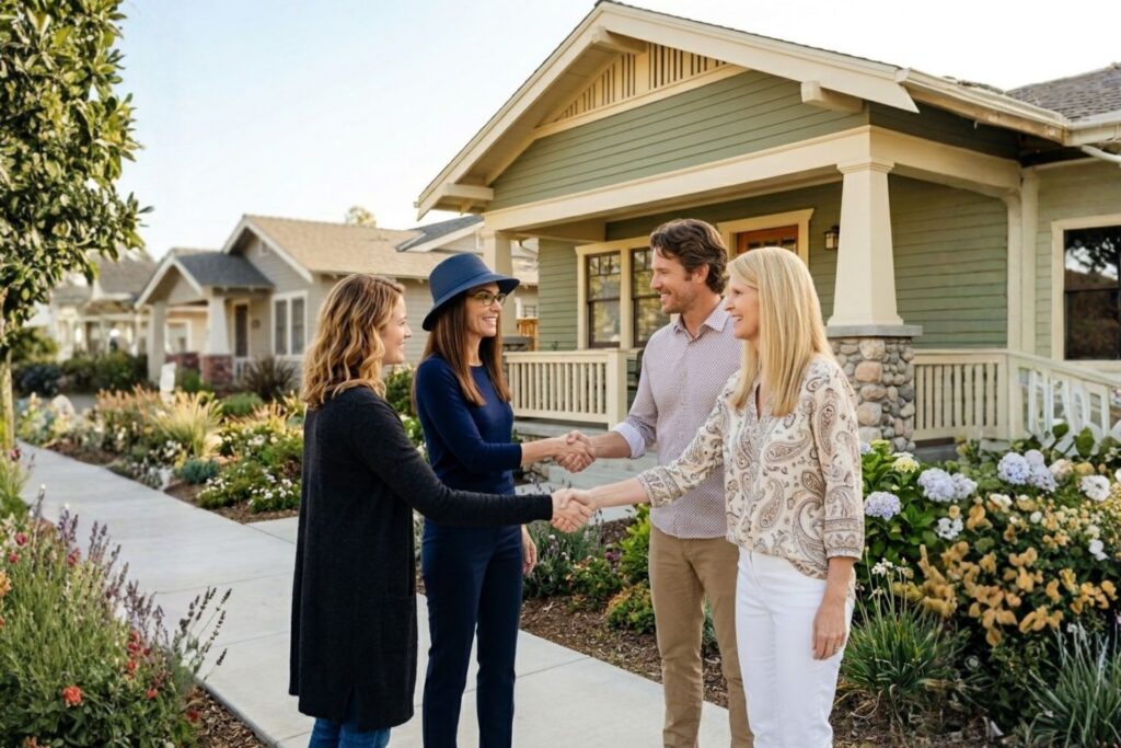 Two North Park realtors shaking hands with a couple in front of a green craftsman-style home with a front porch.