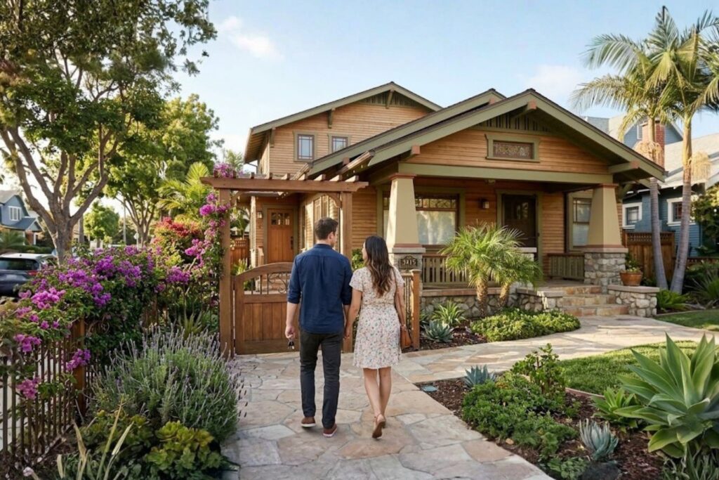 A couple in their 30s seen from behind walks along a stone path toward a Craftsman-style multi-unit home in North Park, San Diego, featuring lush bougainvillea and separate private entrances.