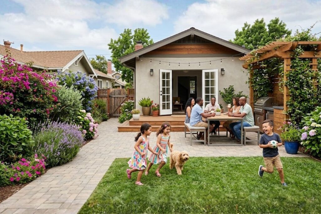 Charming North Park backyard with a paved patio, flowering shrubs, and families gathering while children play on the grass