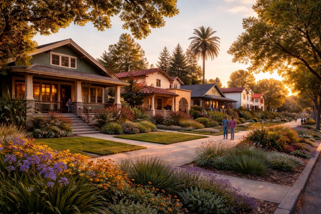 Colorful Craftsman and Spanish-style homes at golden hour with lush gardens and a tree-lined street